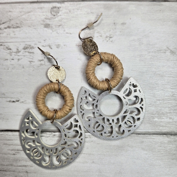 Jewelry - Boho Silver and Natural Woven Hoop Drop Earrings Lightweight